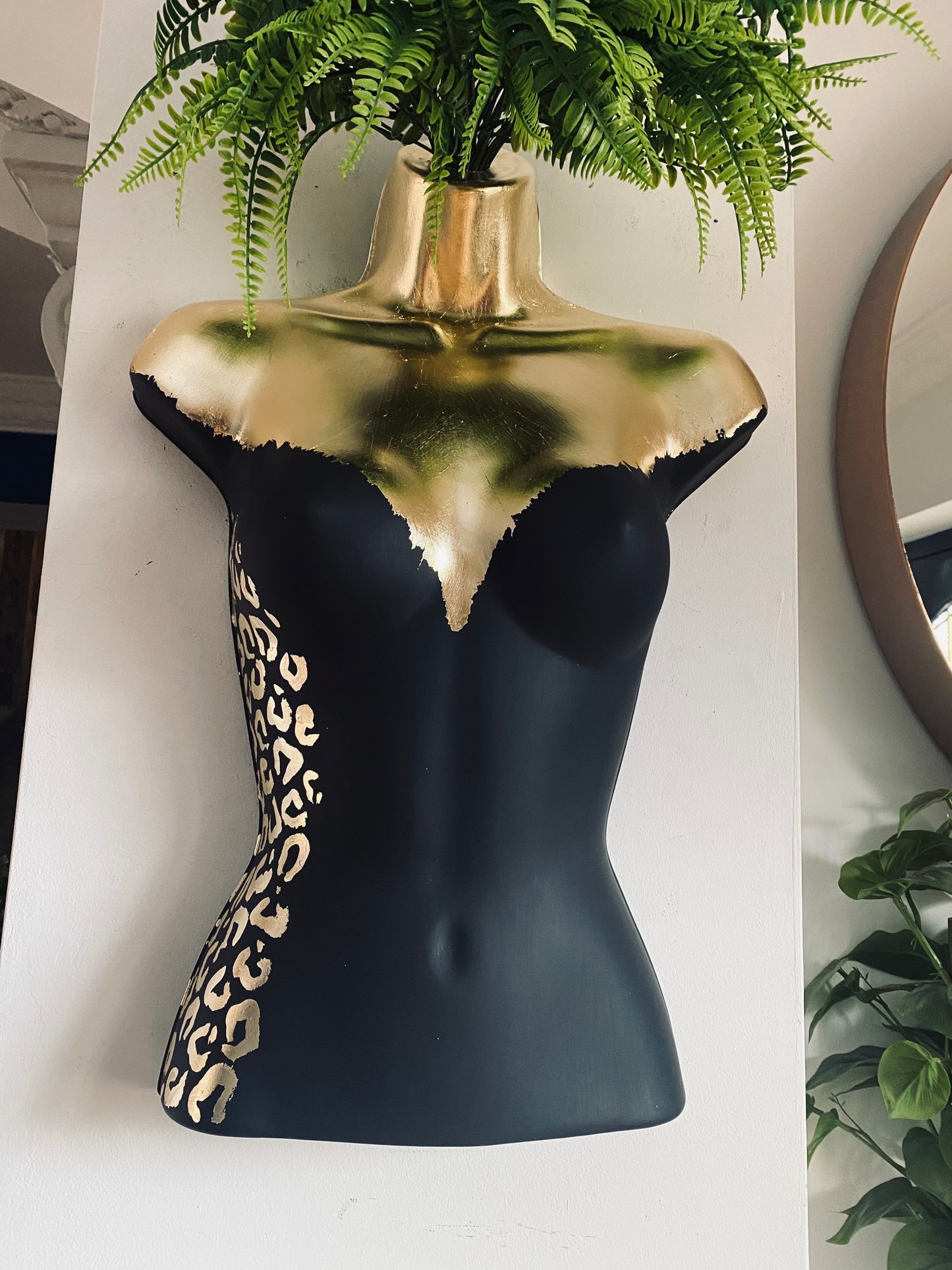 Female Boobie  Wall Torso Boobie Artificial Plant Holder Black and Gold with Gold Leopard