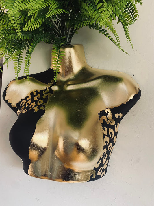 Female Wall Torso Boobie Artificial Plant Holder Black and Gold warrior with gold leopard