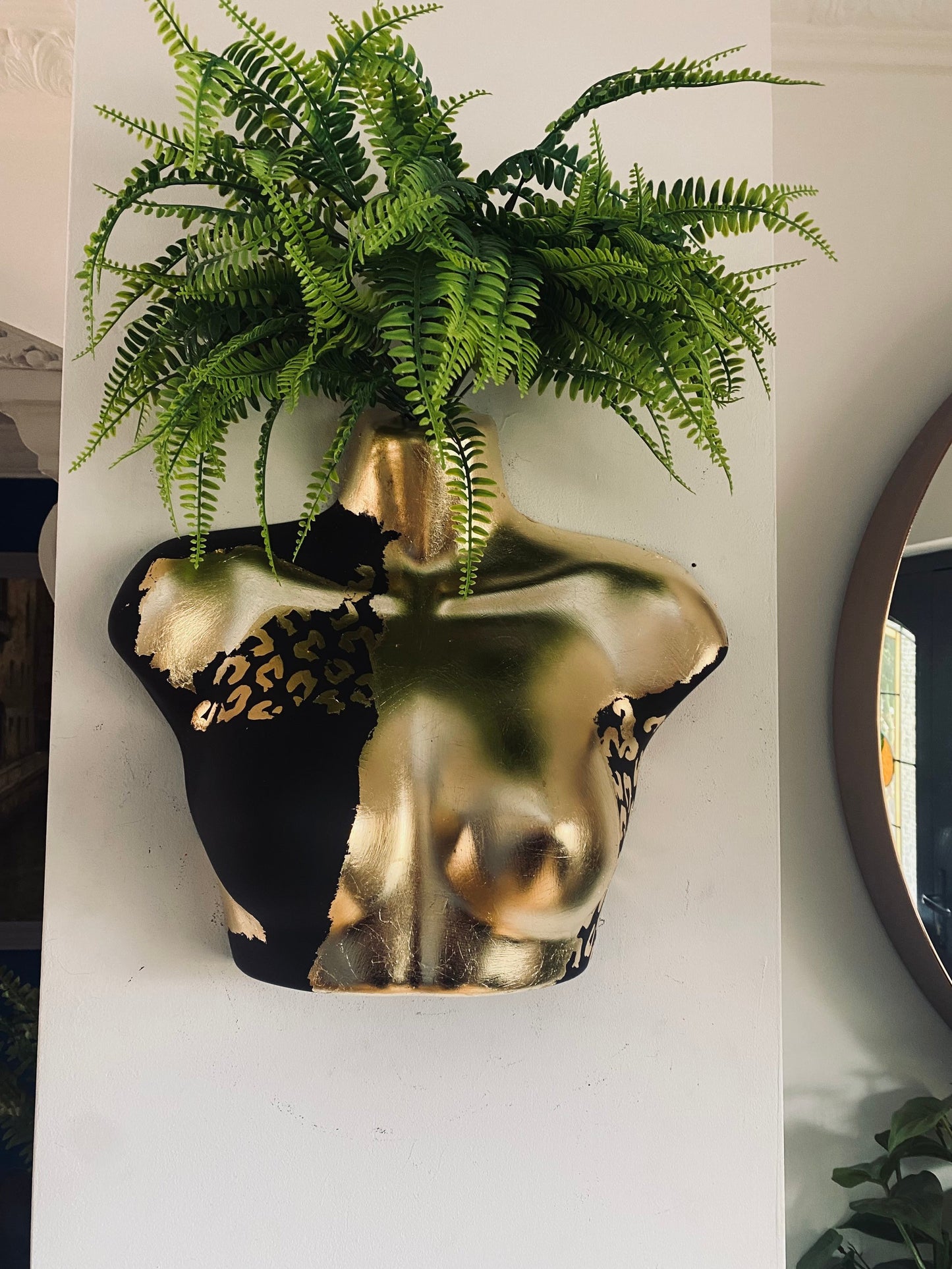 Female Wall Torso Boobie Artificial Plant Holder Black and Gold warrior with gold leopard