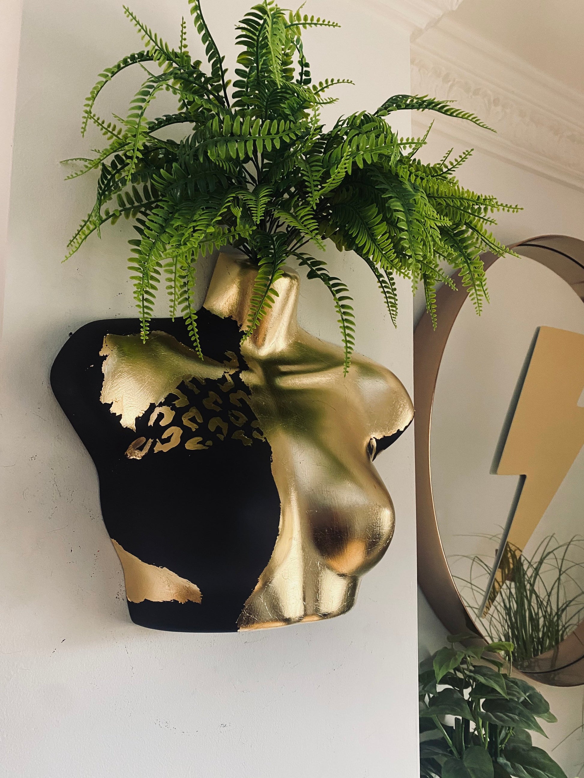 Female Wall Torso Boobie Artificial Plant Holder Black and Gold warrior with gold leopard