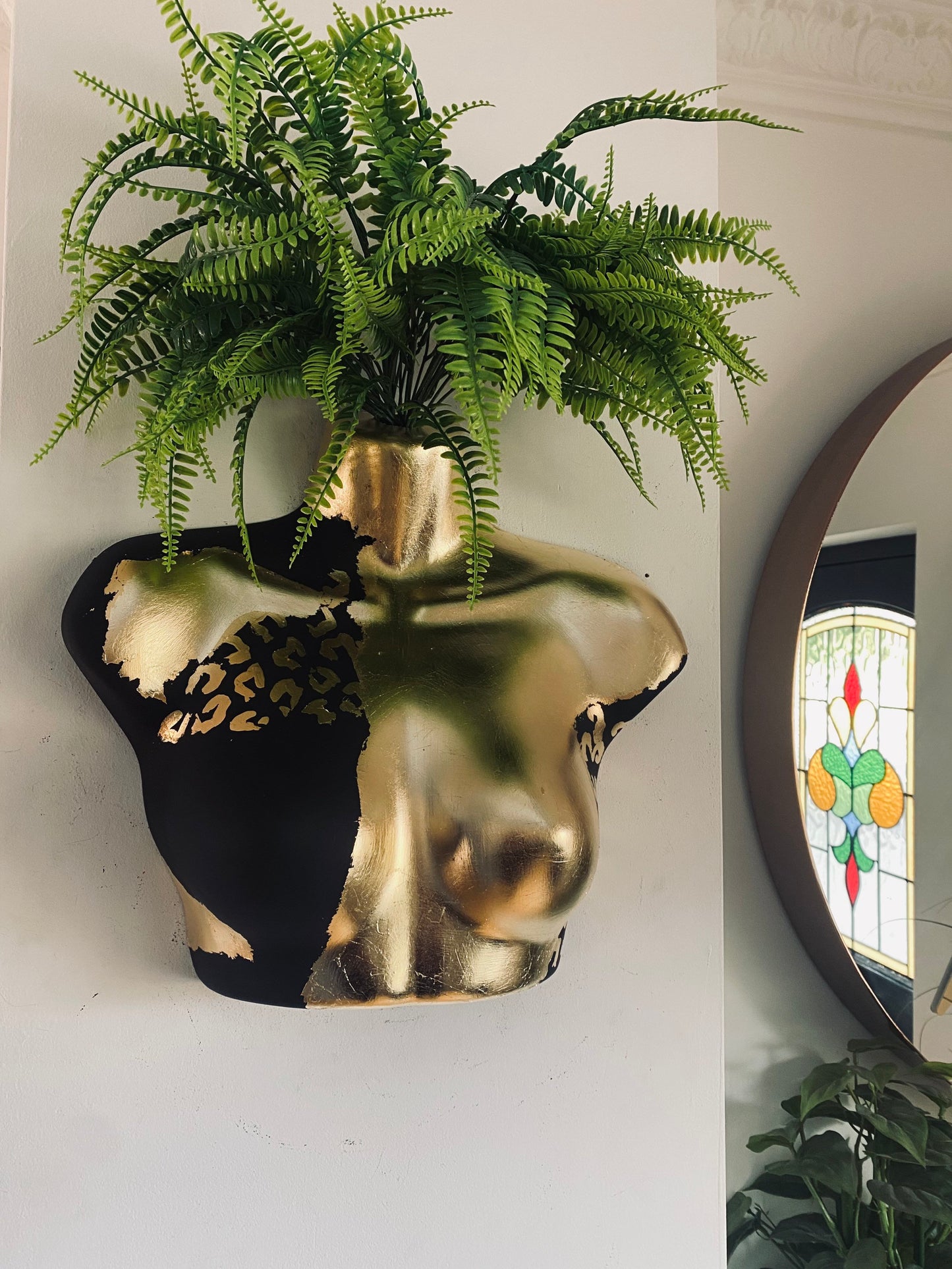 Female Wall Torso Boobie Artificial Plant Holder Black and Gold warrior with gold leopard