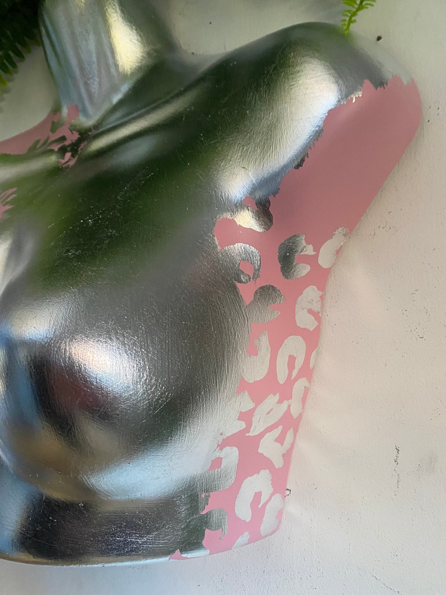 Female Wall Torso Boobie Artificial Plant Holder Pink and Silver warrior with silver leopard