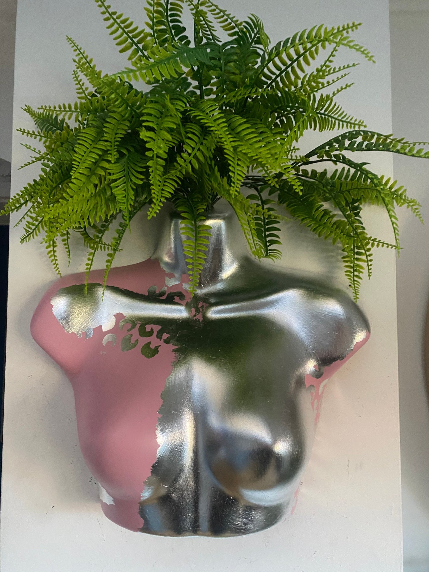 Female Wall Torso Boobie Artificial Plant Holder Pink and Silver warrior with silver leopard