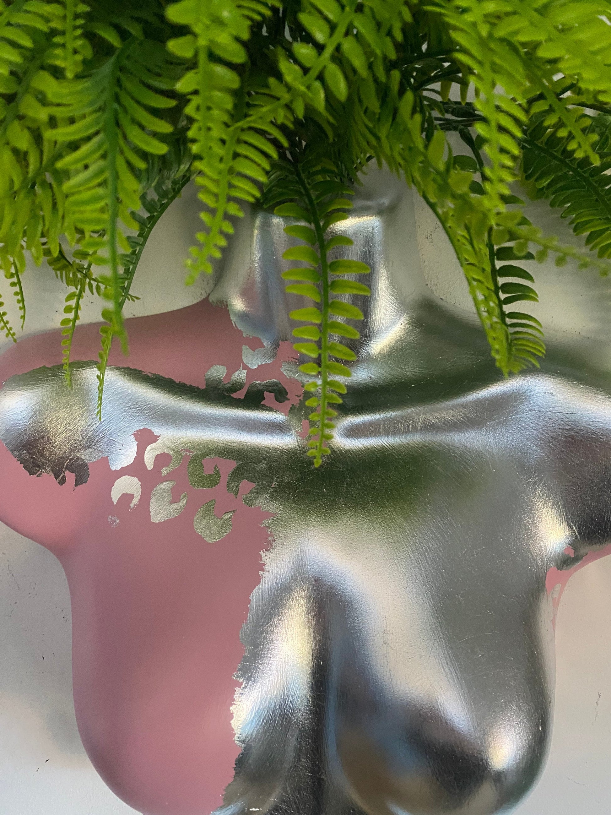 Female Wall Torso Boobie Artificial Plant Holder Pink and Silver warrior with silver leopard
