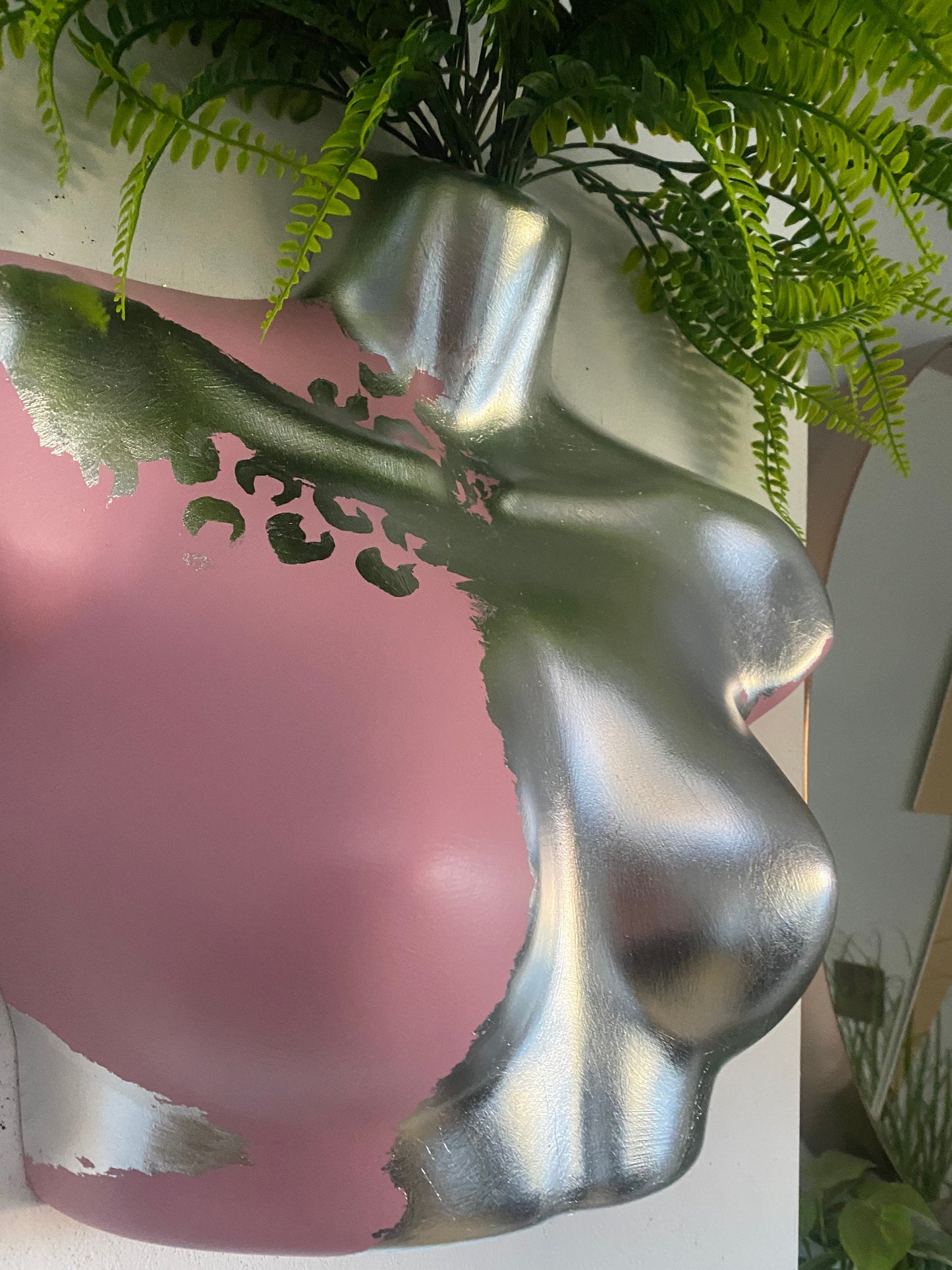 Female Wall Torso Boobie Artificial Plant Holder Pink and Silver warrior with silver leopard