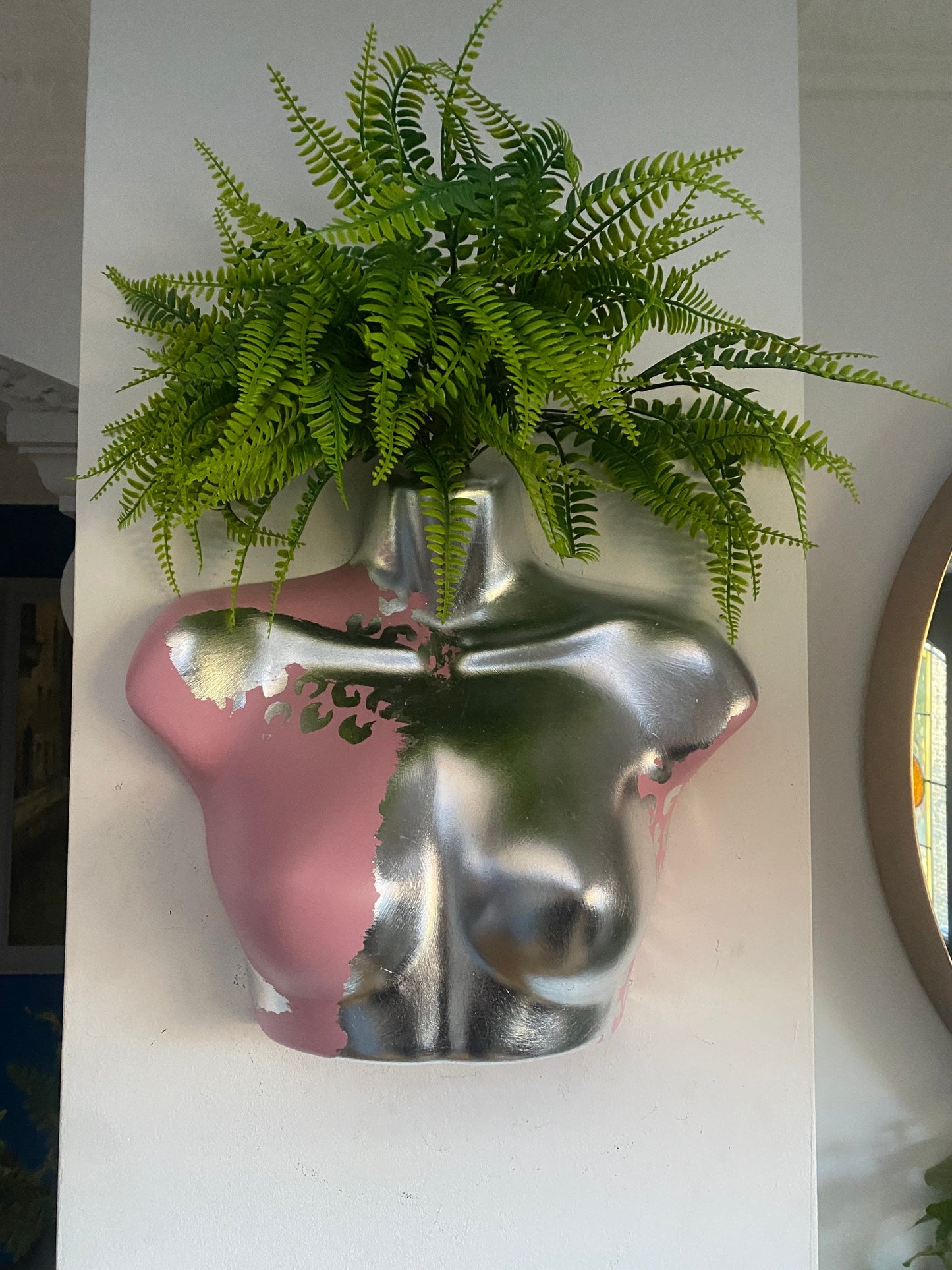 Female Wall Torso Boobie Artificial Plant Holder Pink and Silver warrior with silver leopard