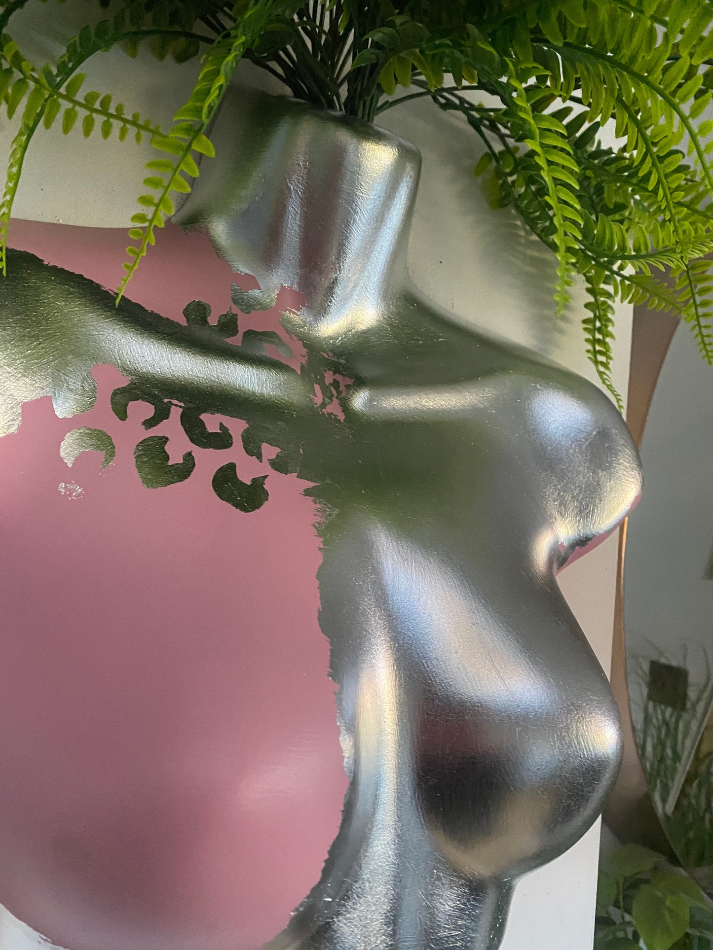 Female Wall Torso Boobie Artificial Plant Holder Pink and Silver warrior with silver leopard