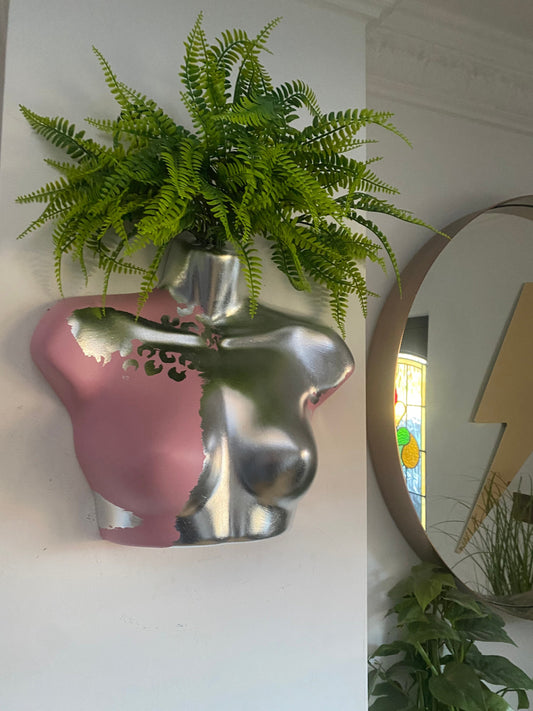 Female Wall Torso Boobie Artificial Plant Holder Pink and Silver warrior with silver leopard