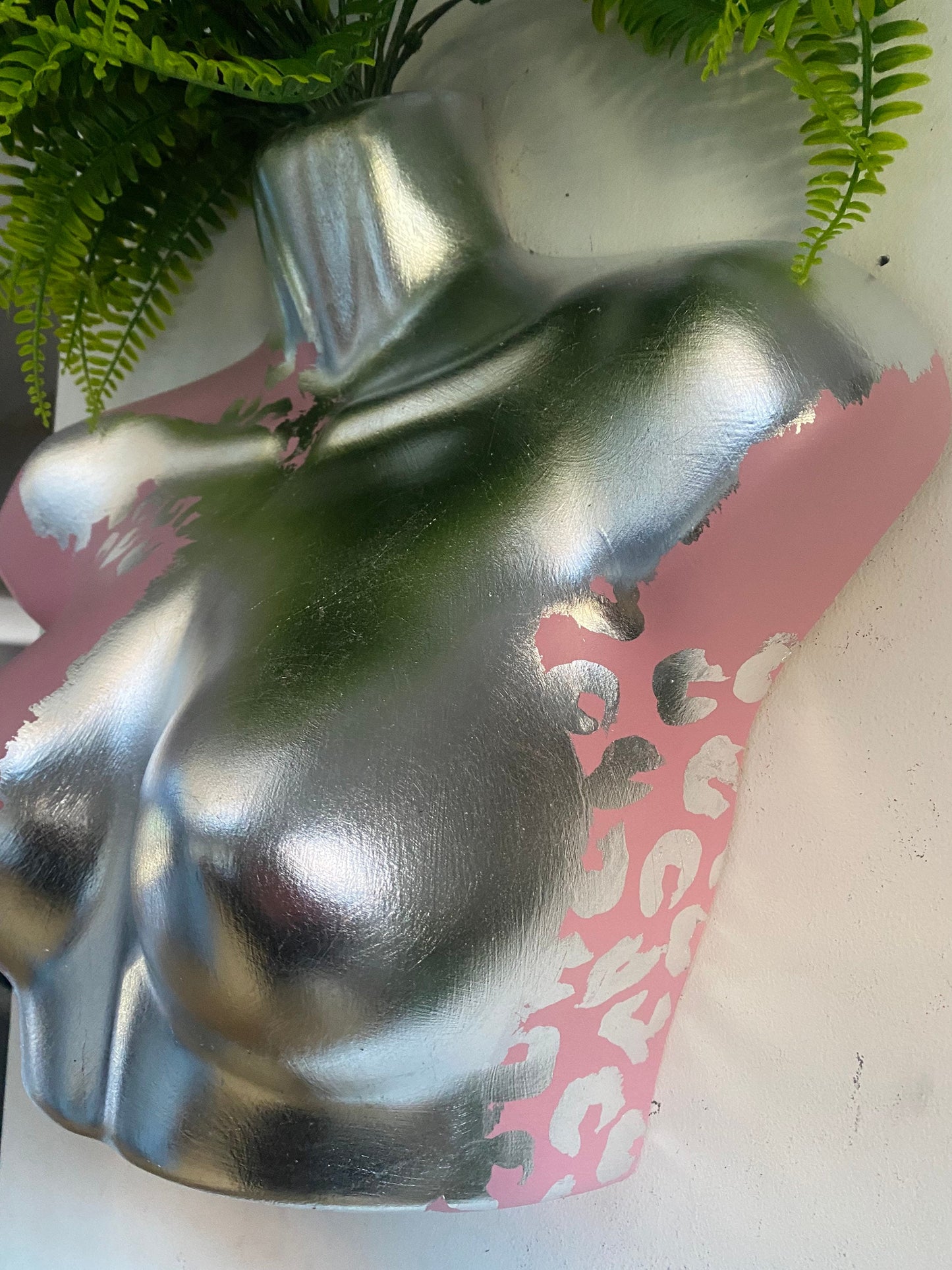 Female Wall Torso Boobie Artificial Plant Holder Pink and Silver warrior with silver leopard