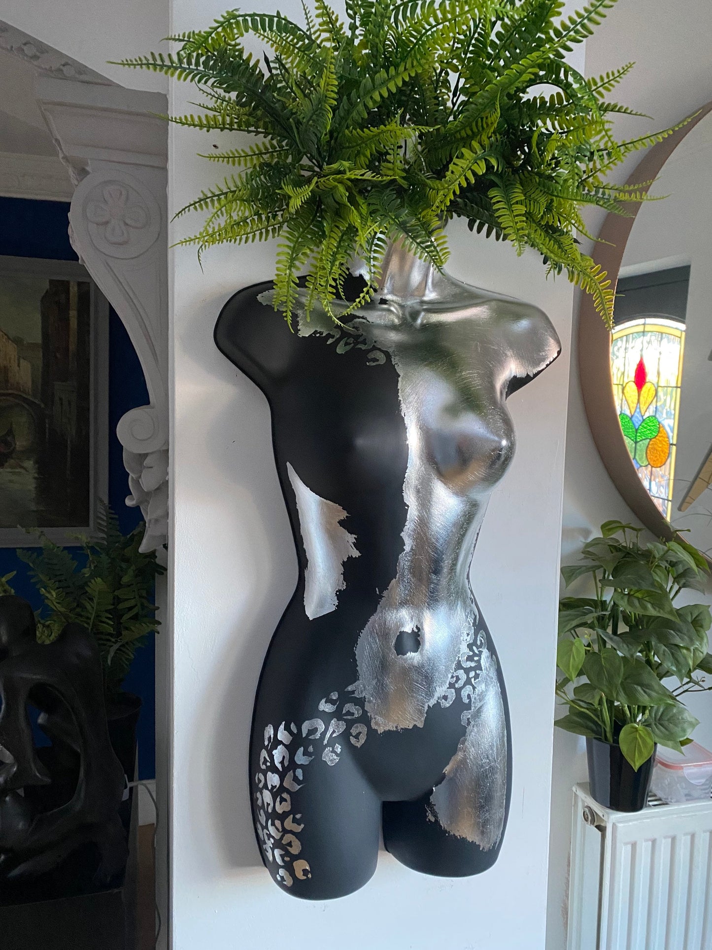 Female Wall Torso Boobie Artificial Plant Holder Warrior design with matt dark greyand silver leaf with Silver Leopard