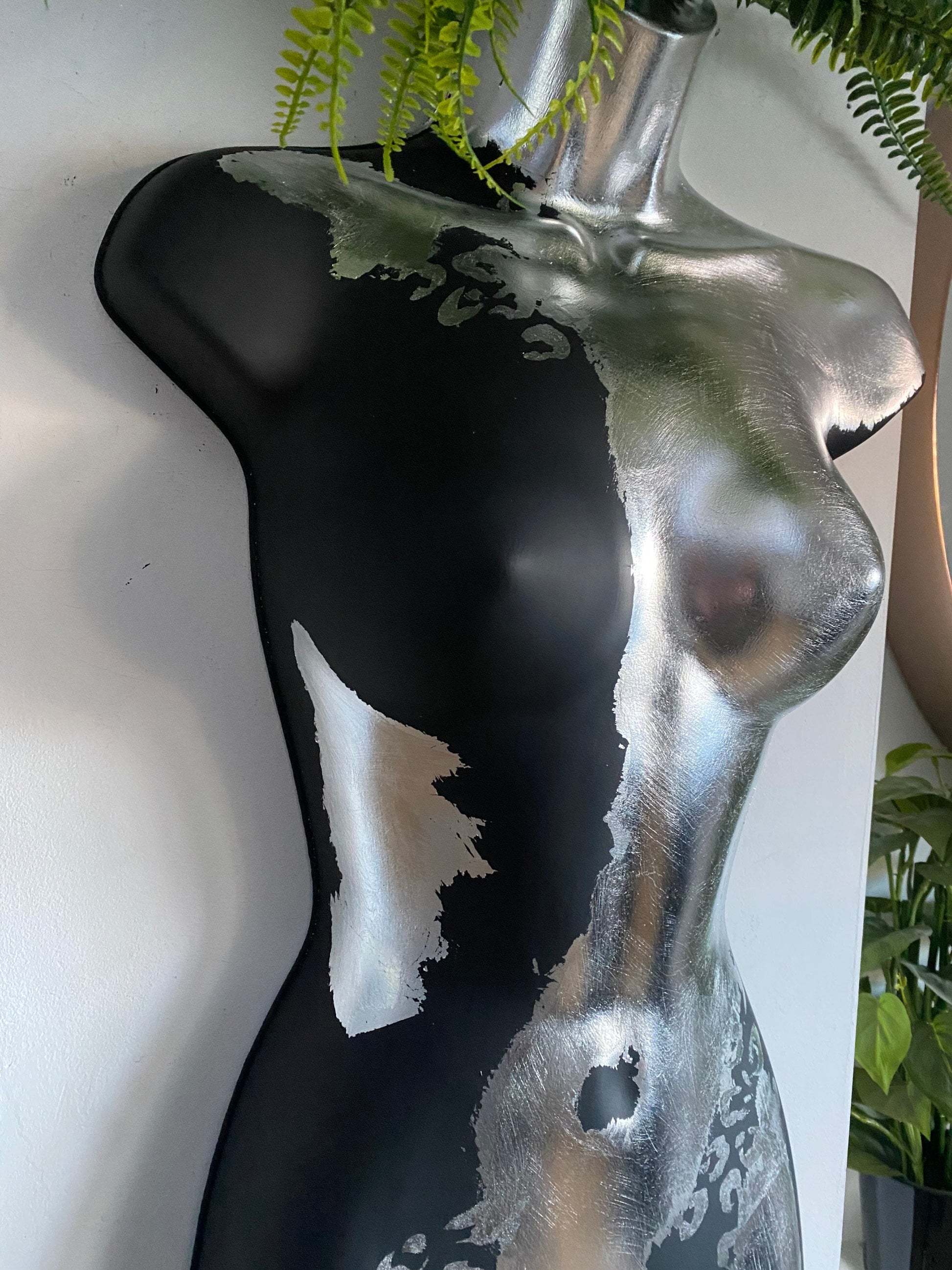 Female Wall Torso Boobie Artificial Plant Holder Warrior design with matt dark greyand silver leaf with Silver Leopard