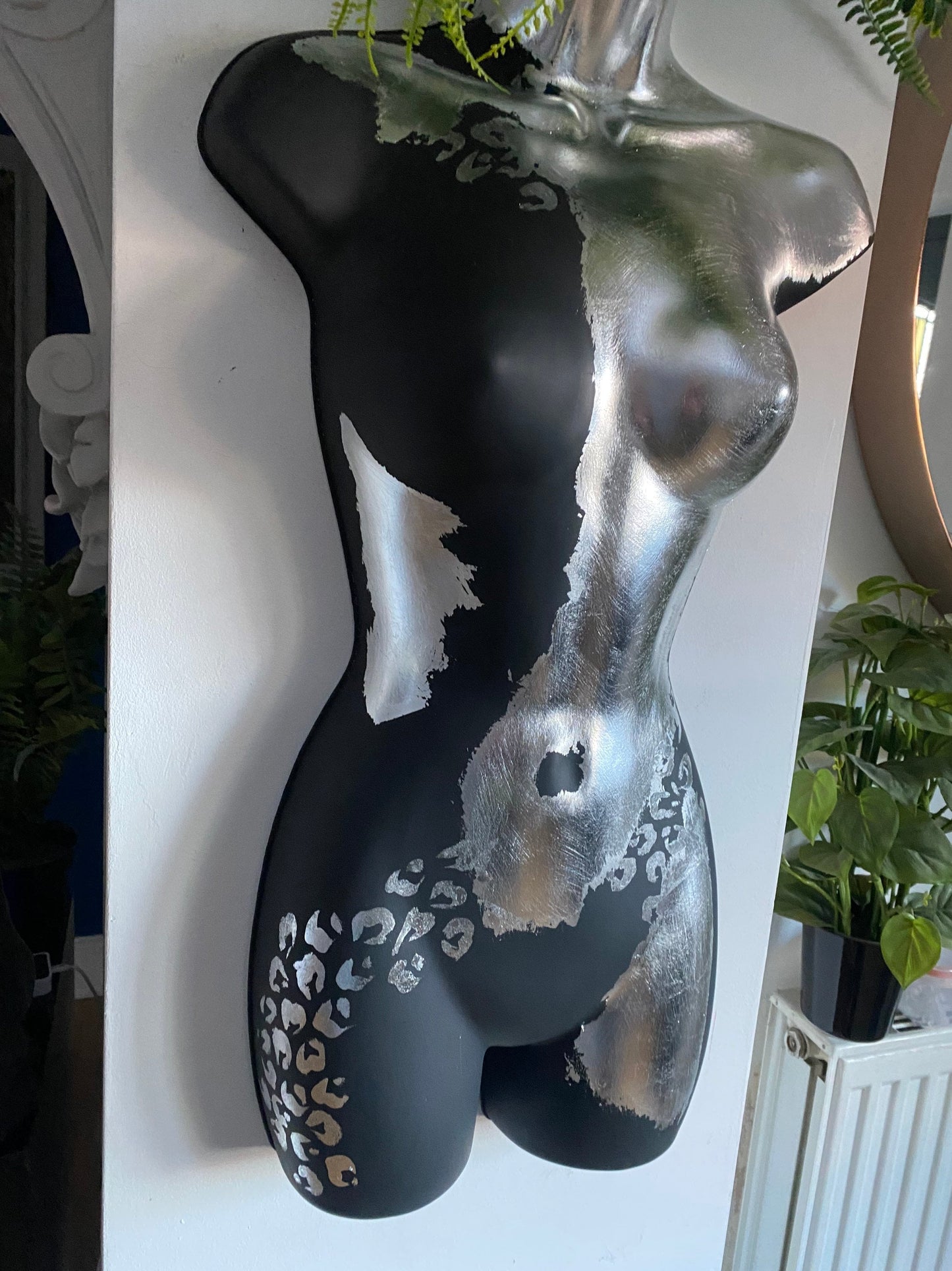 Female Wall Torso Boobie Artificial Plant Holder Warrior design with matt dark greyand silver leaf with Silver Leopard