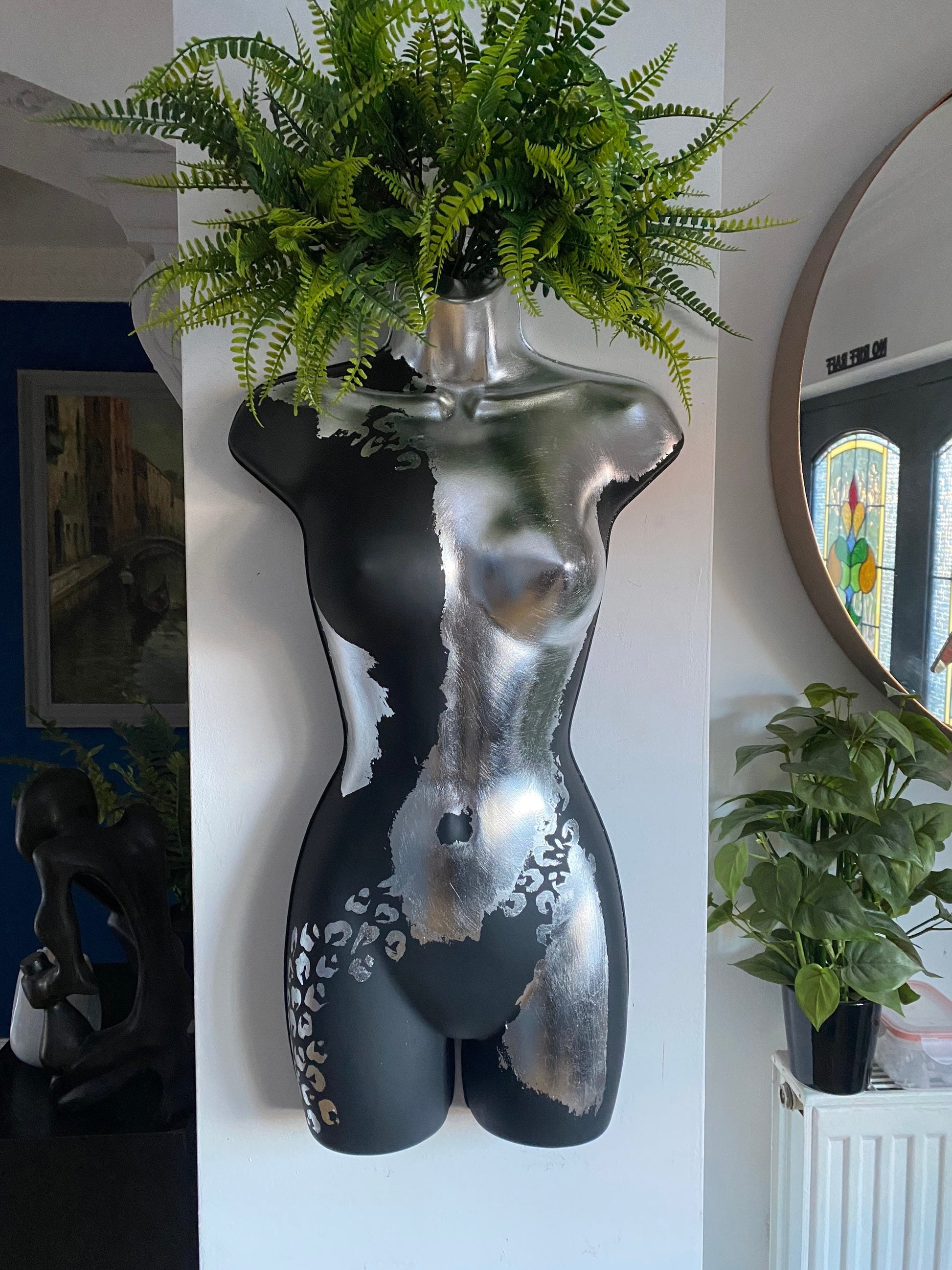 Female Wall Torso Boobie Artificial Plant Holder Warrior design with matt dark greyand silver leaf with Silver Leopard