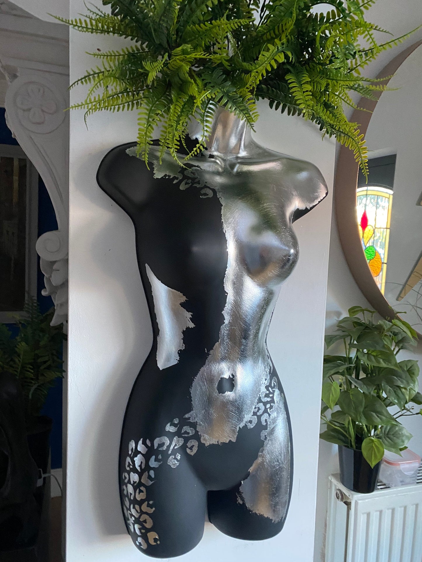 Female Wall Torso Boobie Artificial Plant Holder Warrior design with matt dark greyand silver leaf with Silver Leopard