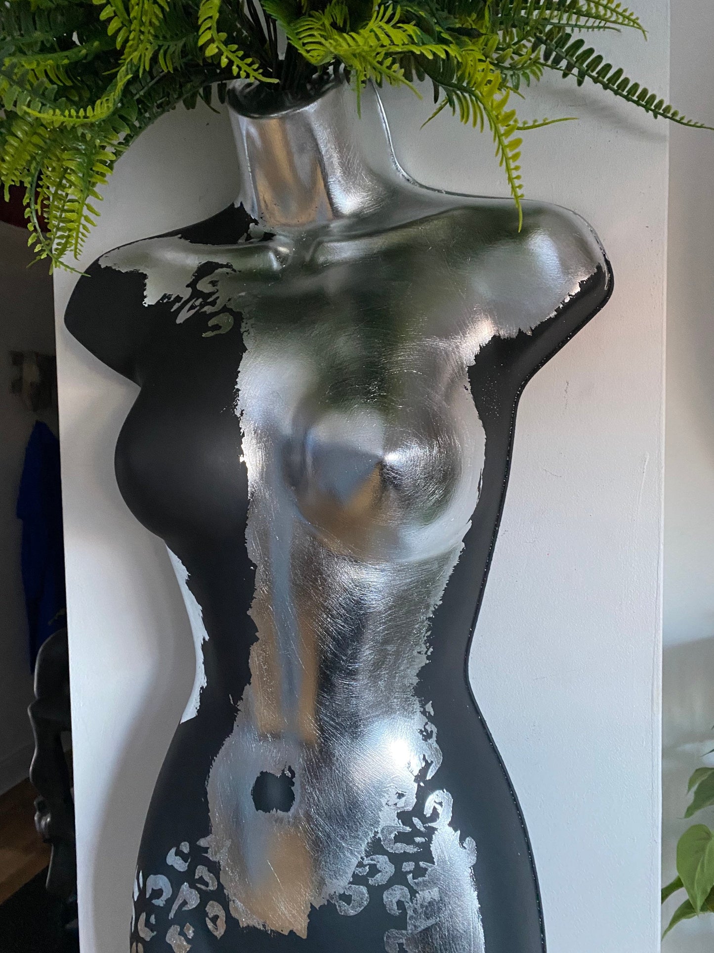 Female Wall Torso Boobie Artificial Plant Holder Warrior design with matt dark greyand silver leaf with Silver Leopard