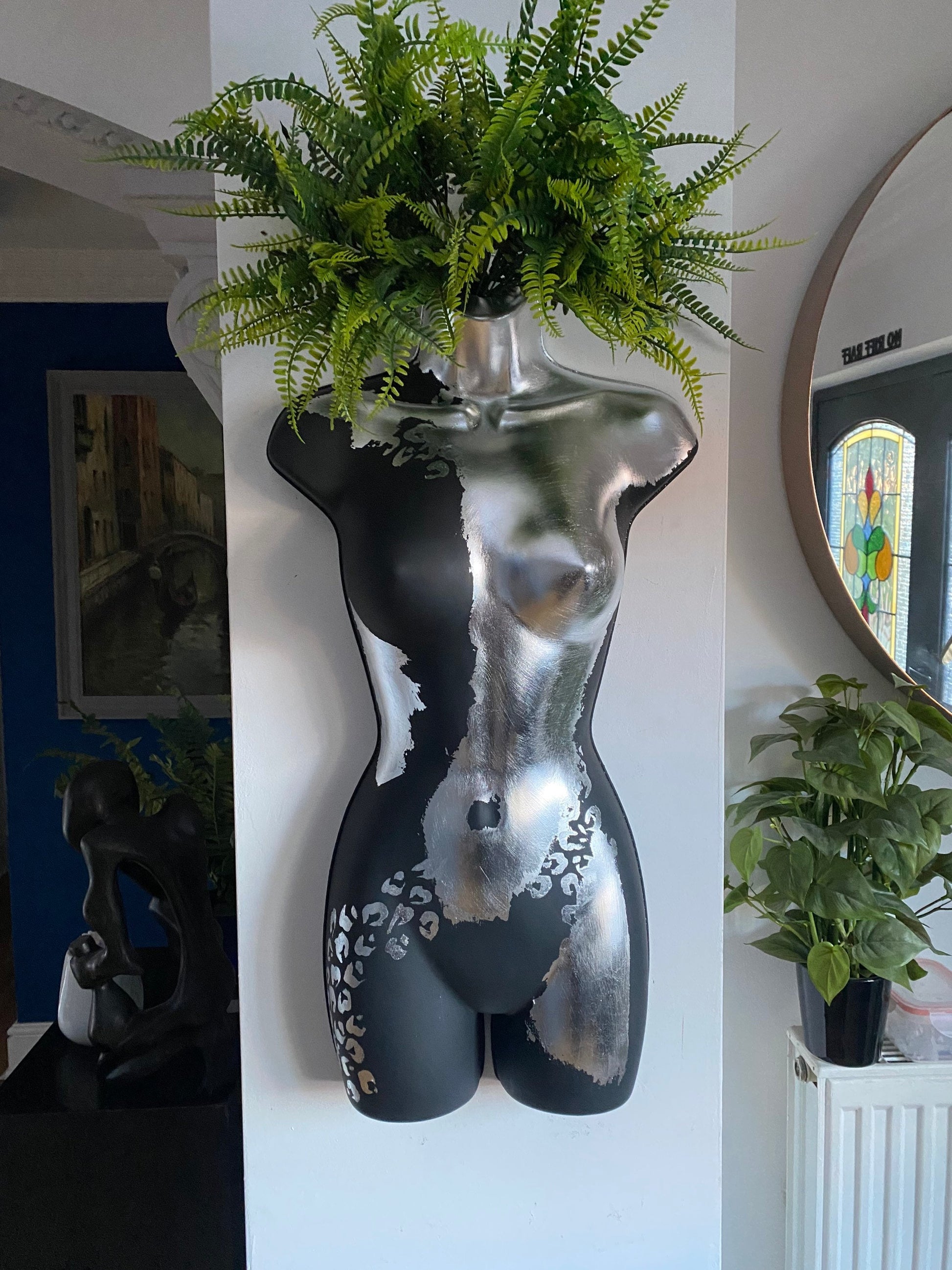 Female Wall Torso Boobie Artificial Plant Holder Warrior design with matt dark greyand silver leaf with Silver Leopard