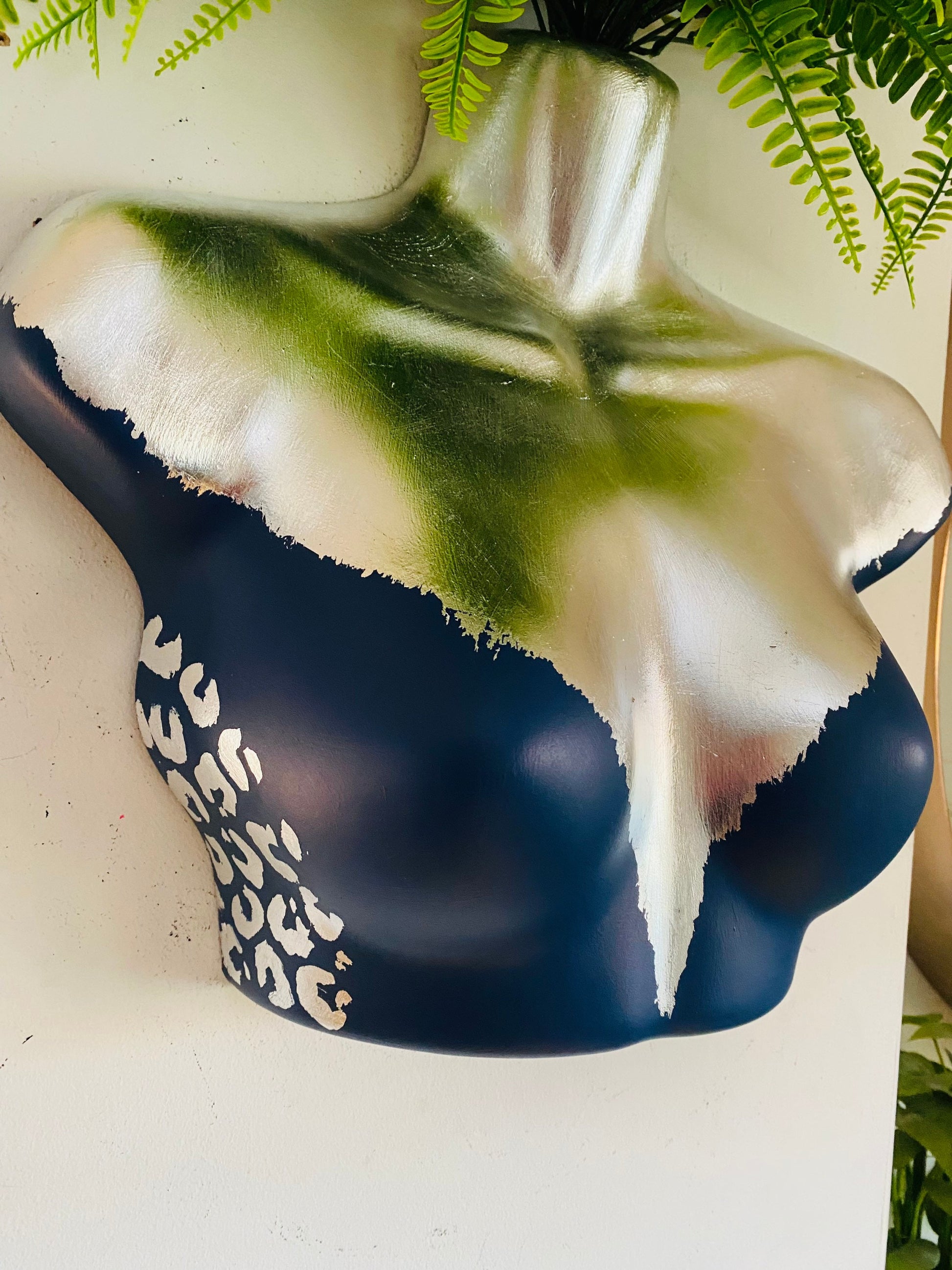 Female Wall Torso Boobie Artificial Plant Holder Blue and Silver with Silver leopard