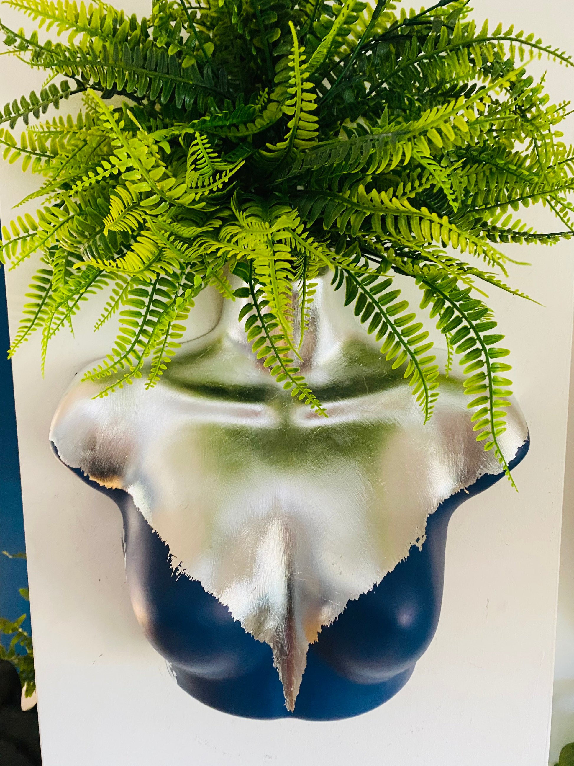 Female Wall Torso Boobie Artificial Plant Holder Blue and Silver with Silver leopard