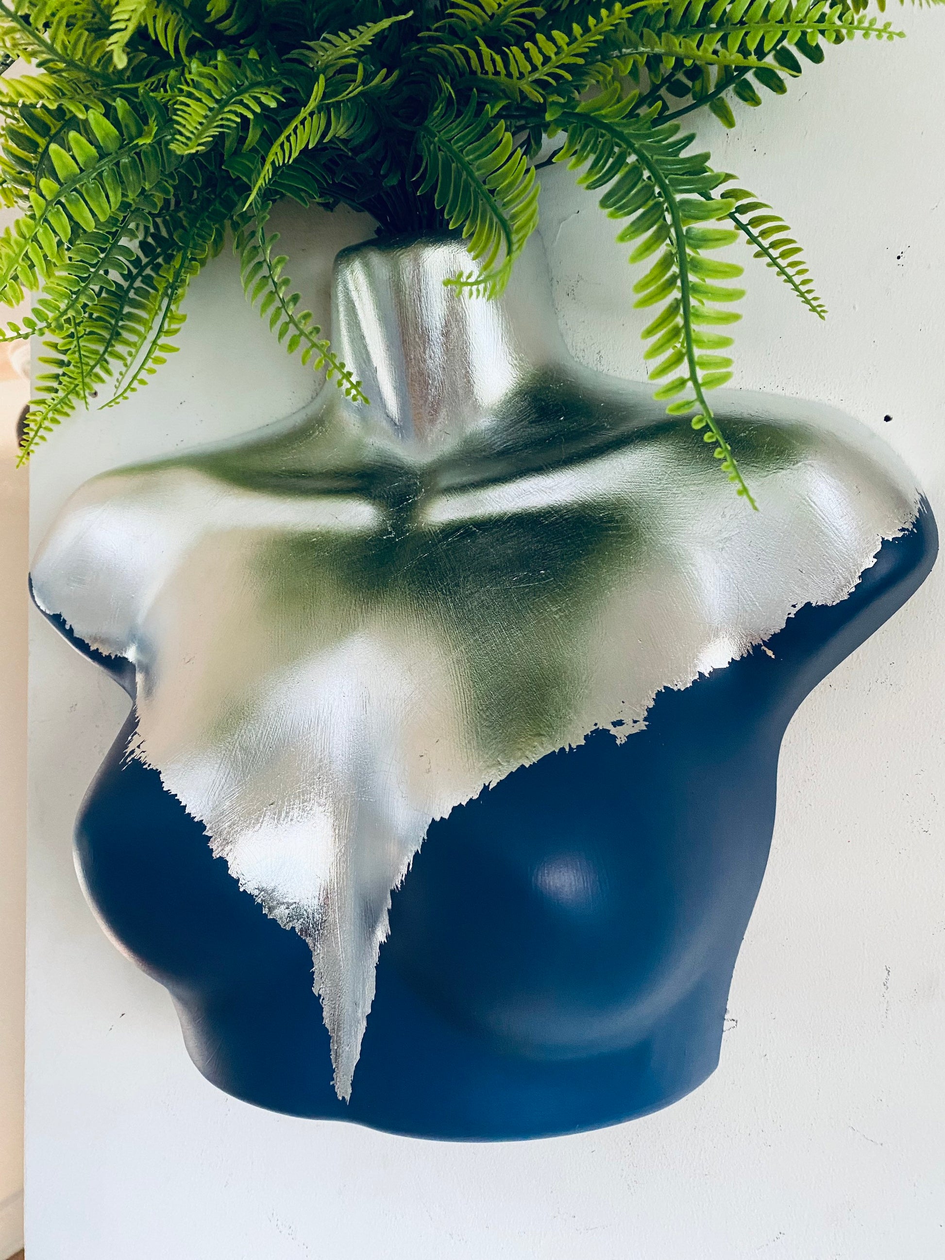 Female Wall Torso Boobie Artificial Plant Holder Blue and Silver with Silver leopard