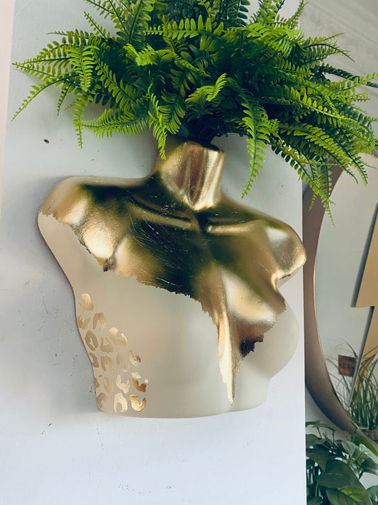Female Wall Torso Boobie Artificial Plant Holder Cream and Gold with gold leopard