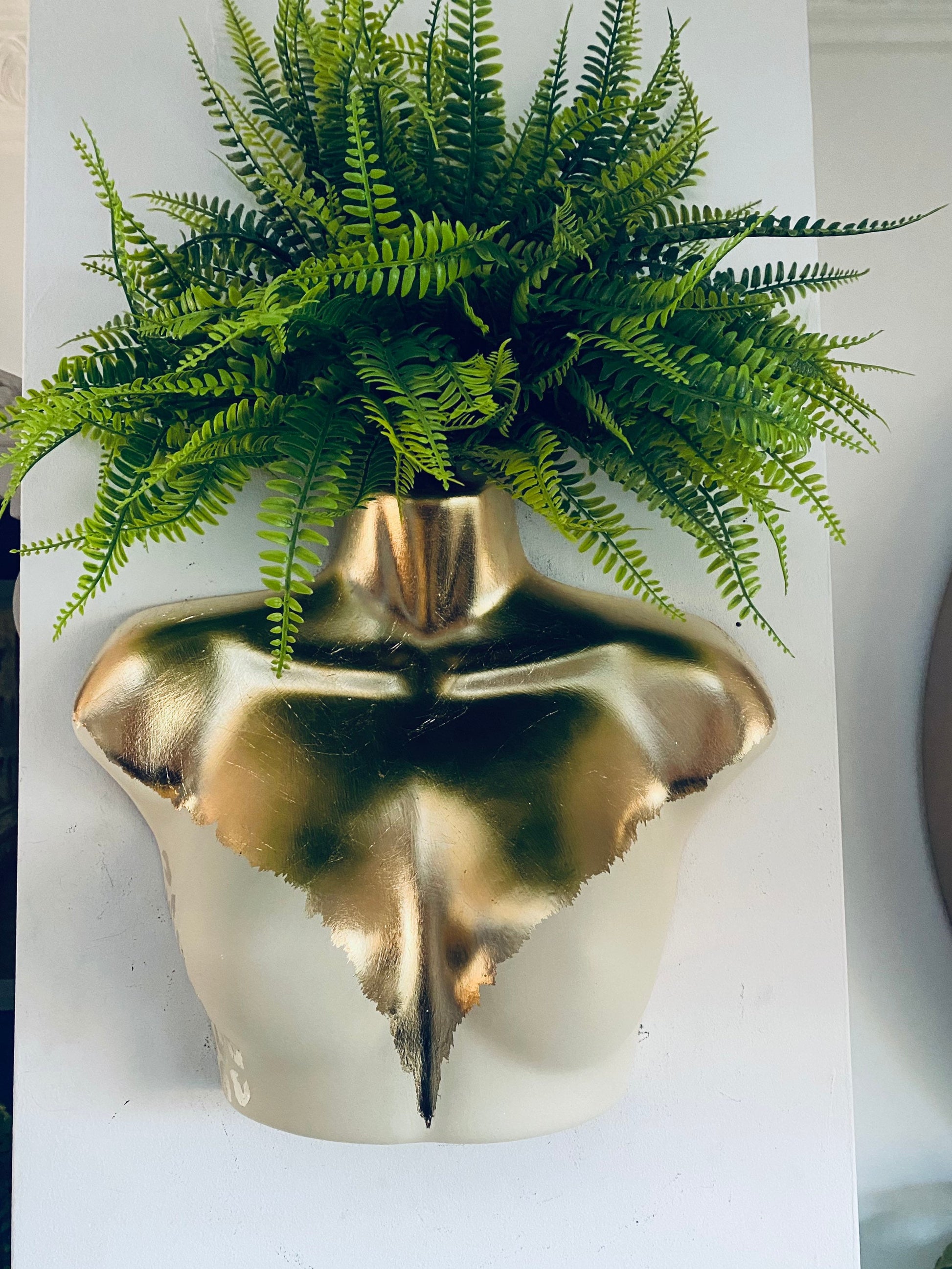 Female Wall Torso Boobie Artificial Plant Holder Cream and Gold with gold leopard