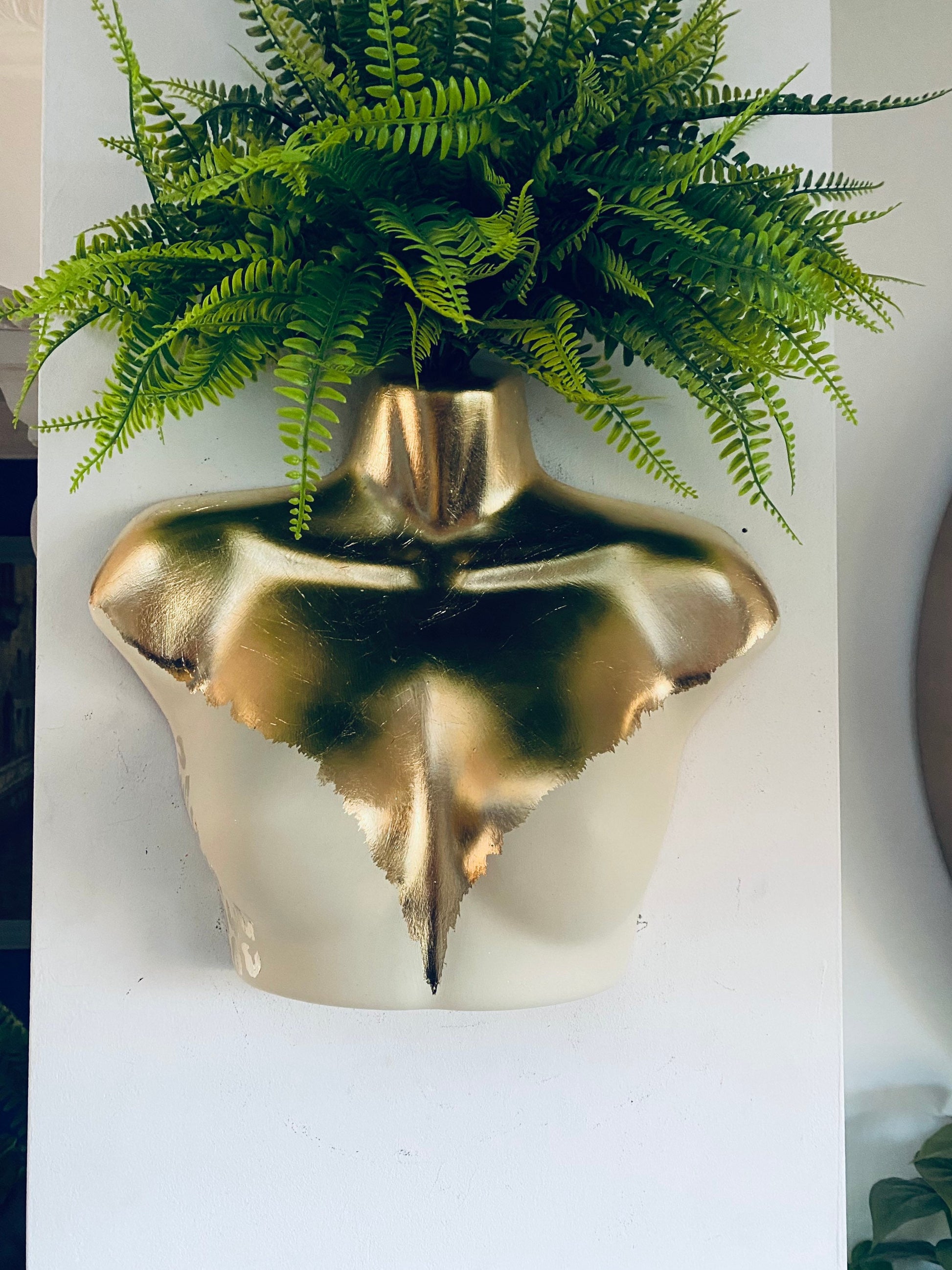 Female Wall Torso Boobie Artificial Plant Holder Cream and Gold with gold leopard