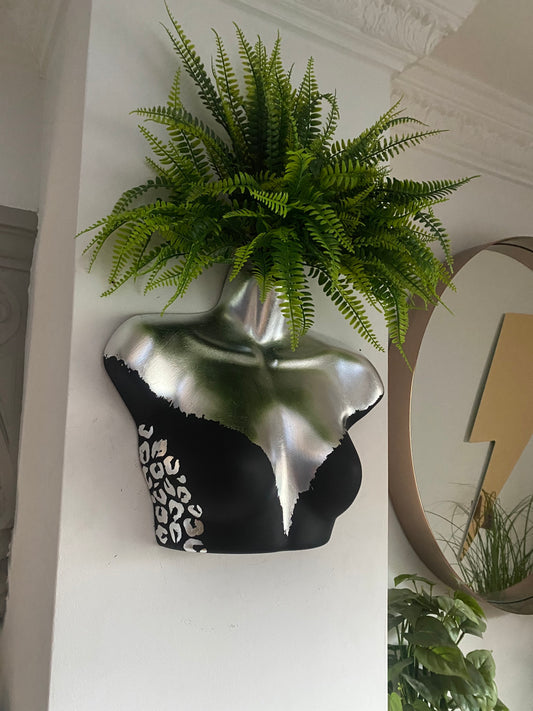Female Wall Torso Boobie Artificial Plant Holder Black and Silver with silver leopard