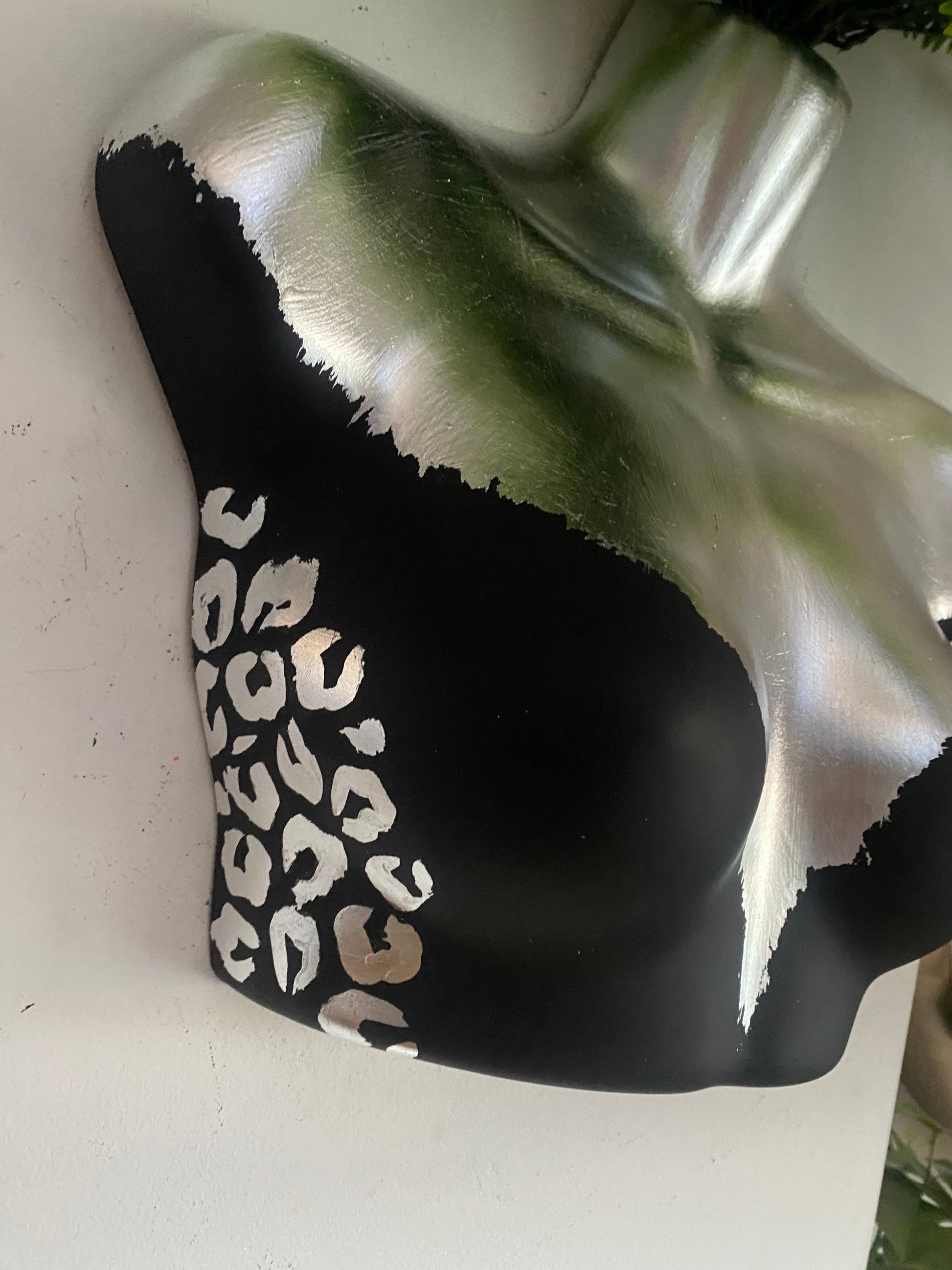 Female Wall Torso Boobie Artificial Plant Holder Black and Silver with silver leopard