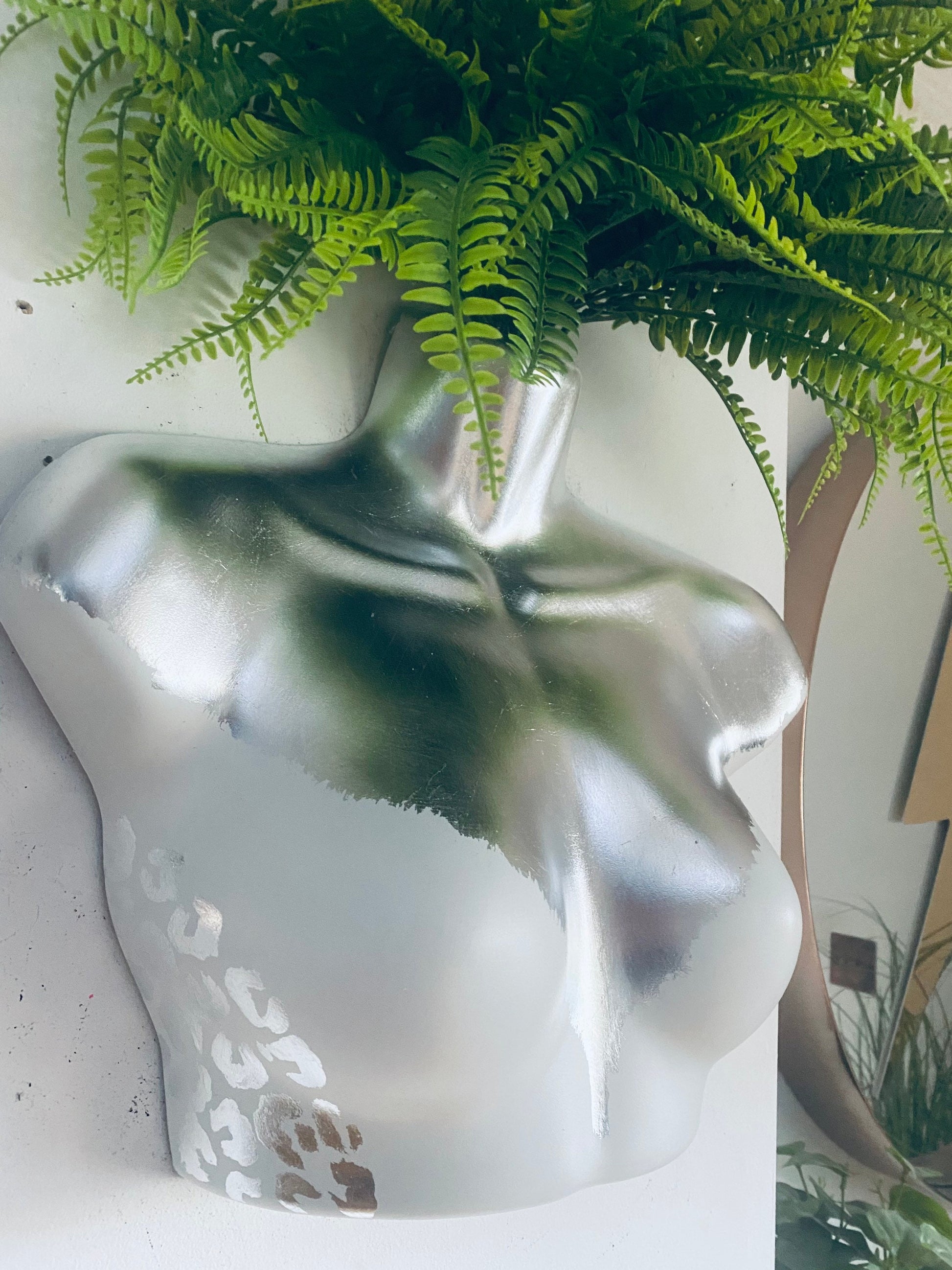 Female Wall Torso Boobie Artificial Plant Holder White and Silver with Silver leopard