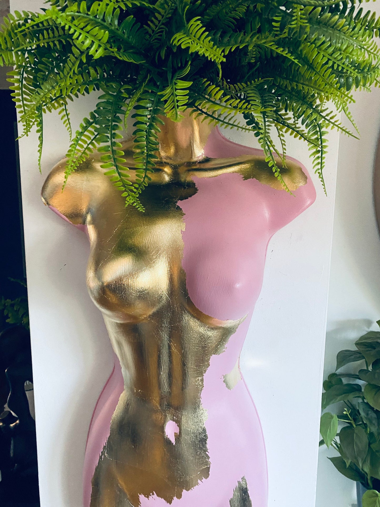 Female Wall Torso Boobie Artificial Plant Holder Warrior design with pink and gold leaf