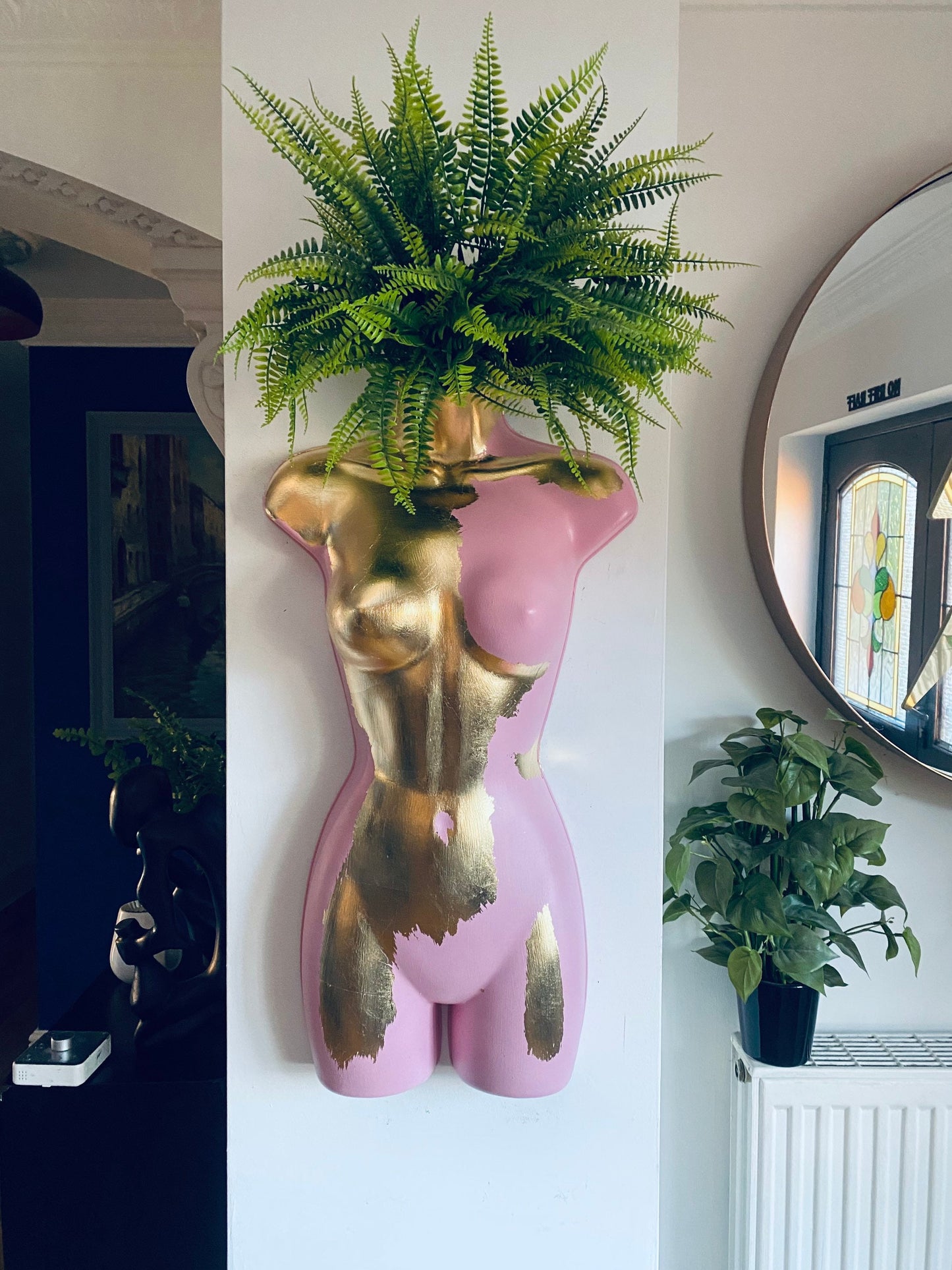 Female Wall Torso Boobie Artificial Plant Holder Warrior design with pink and gold leaf
