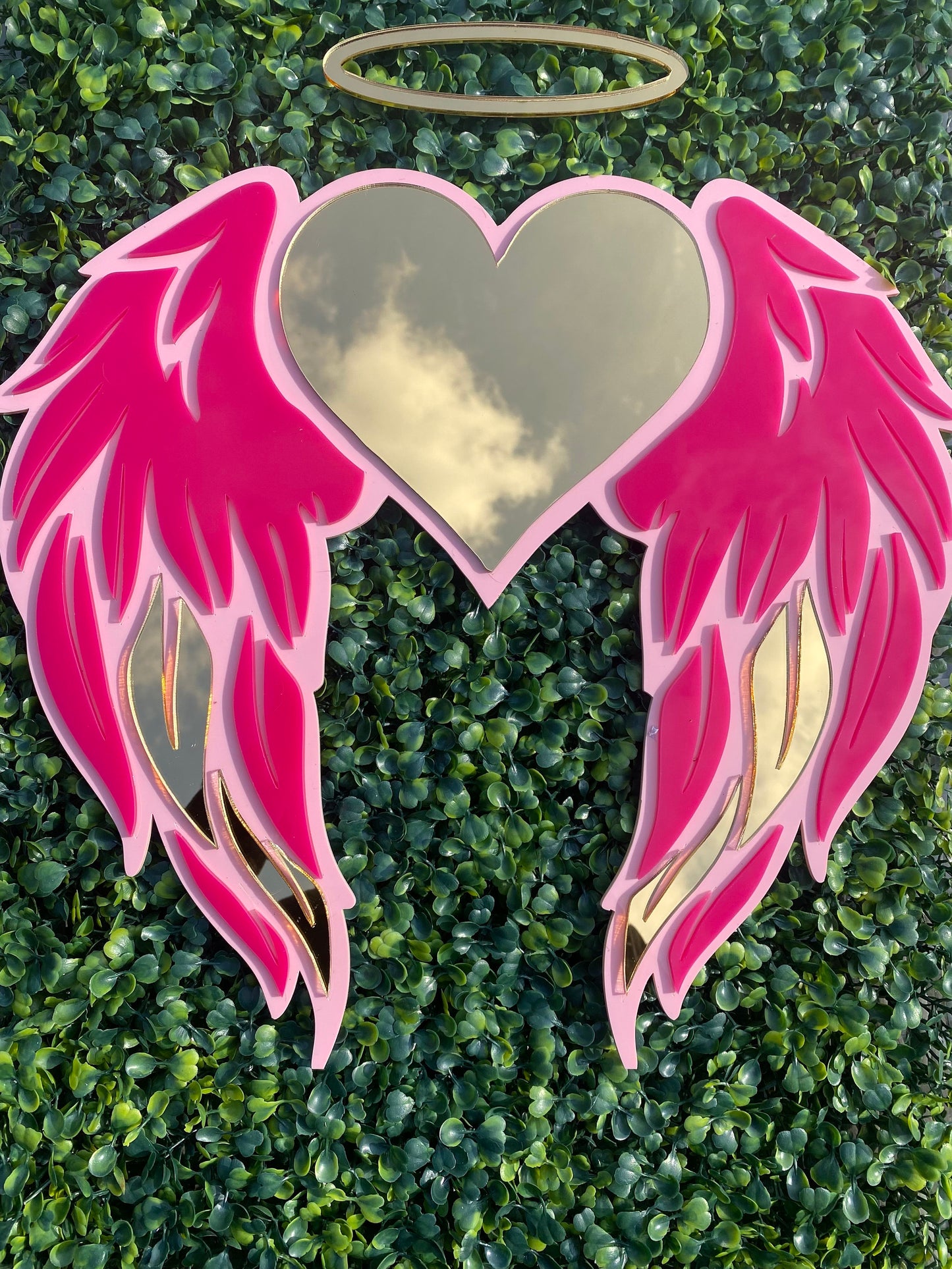 WINGS with HEART Decor - Acrylic Mirror - Angel Decor - acrylic Wall art - Pink & Gold