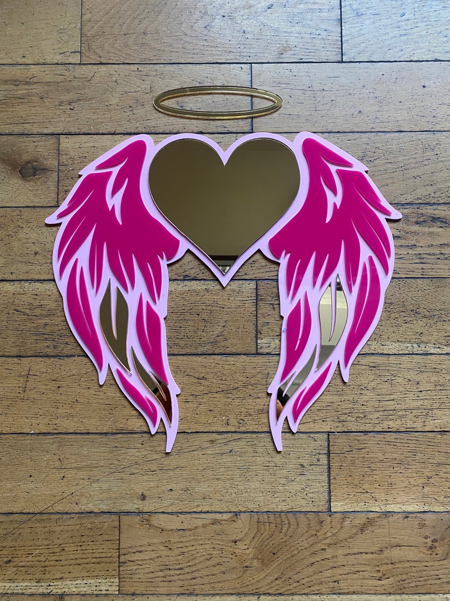 WINGS with HEART Decor - Acrylic Mirror - Angel Decor - acrylic Wall art - Pink & Gold