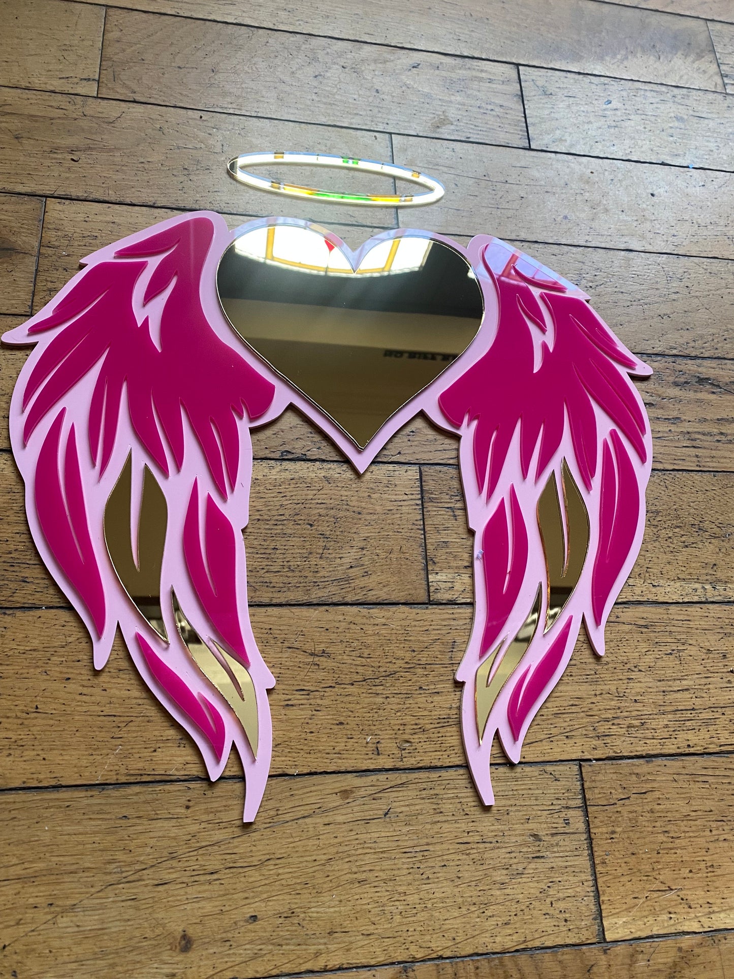 WINGS with HEART Decor - Acrylic Mirror - Angel Decor - acrylic Wall art - Pink & Gold